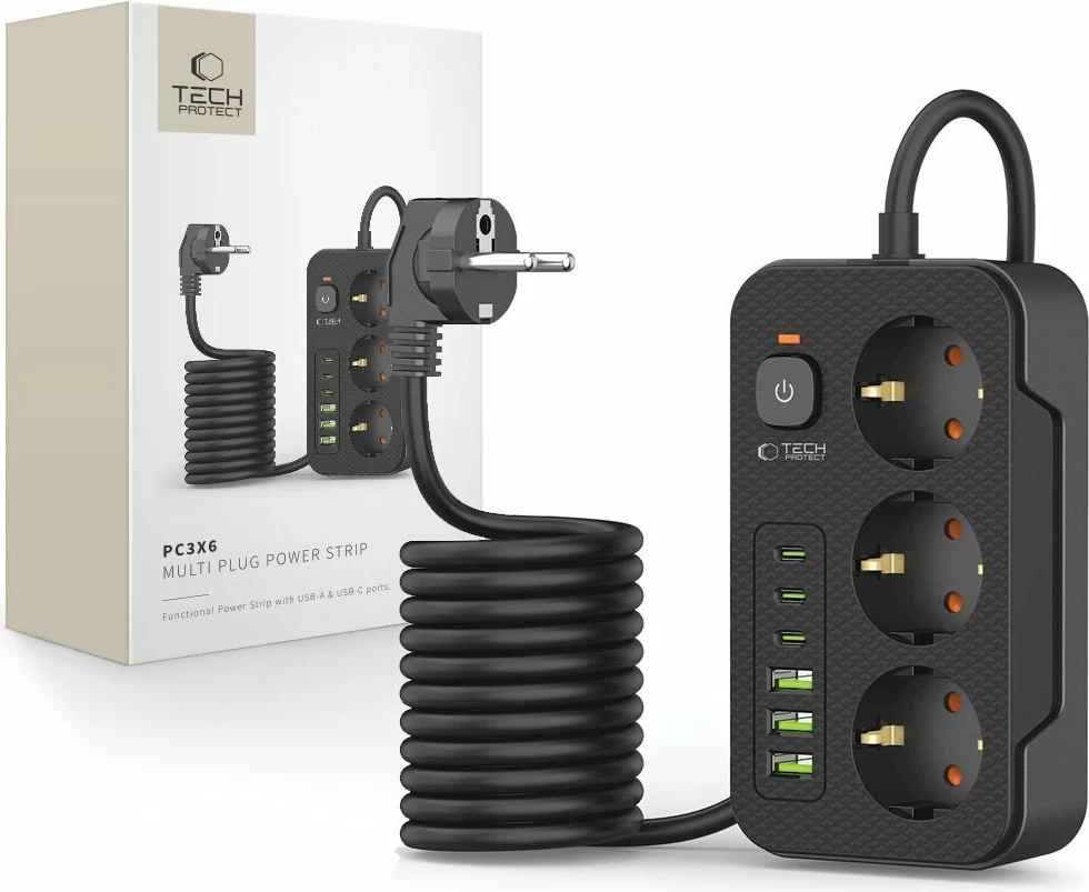 Zgjatues rryme Tech-Protect PC3X6, 3 priza Schuko, 6 USB (3x USB-A + 3x USB-C), kabllo 2 m, i zi