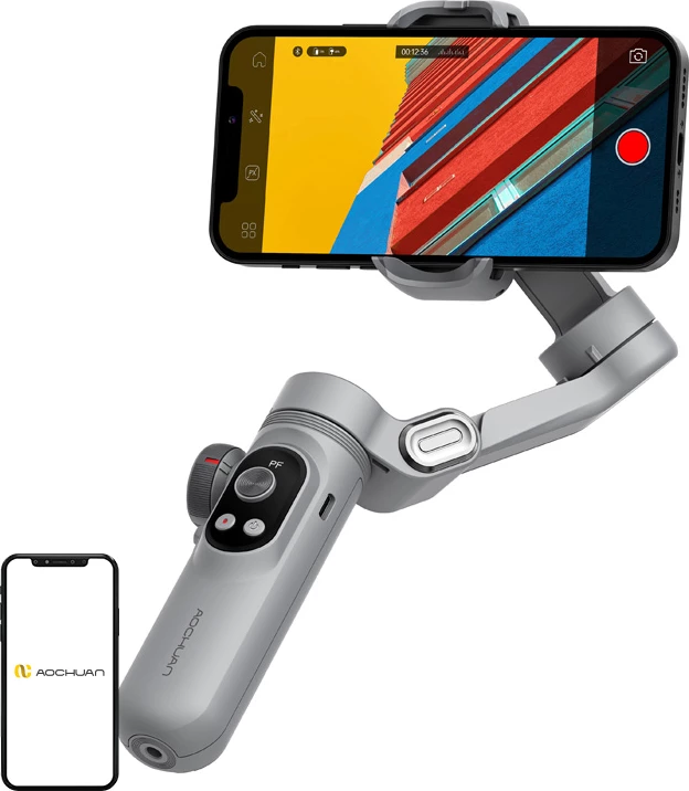 Gimbal për celular AOCHUAN Smart X Pro Standard, 3-bosht, 3200 mAh, OLED, karikim pa kabllo, me tripod, gri
