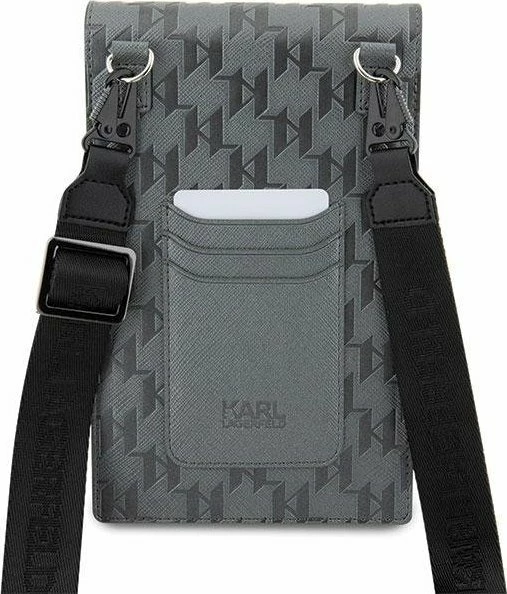 Çantë telefoni Karl Lagerfeld KLWBSAMSMG universal Saffiano Monogram Plaque 18.5x11.5x2 cm, argjend