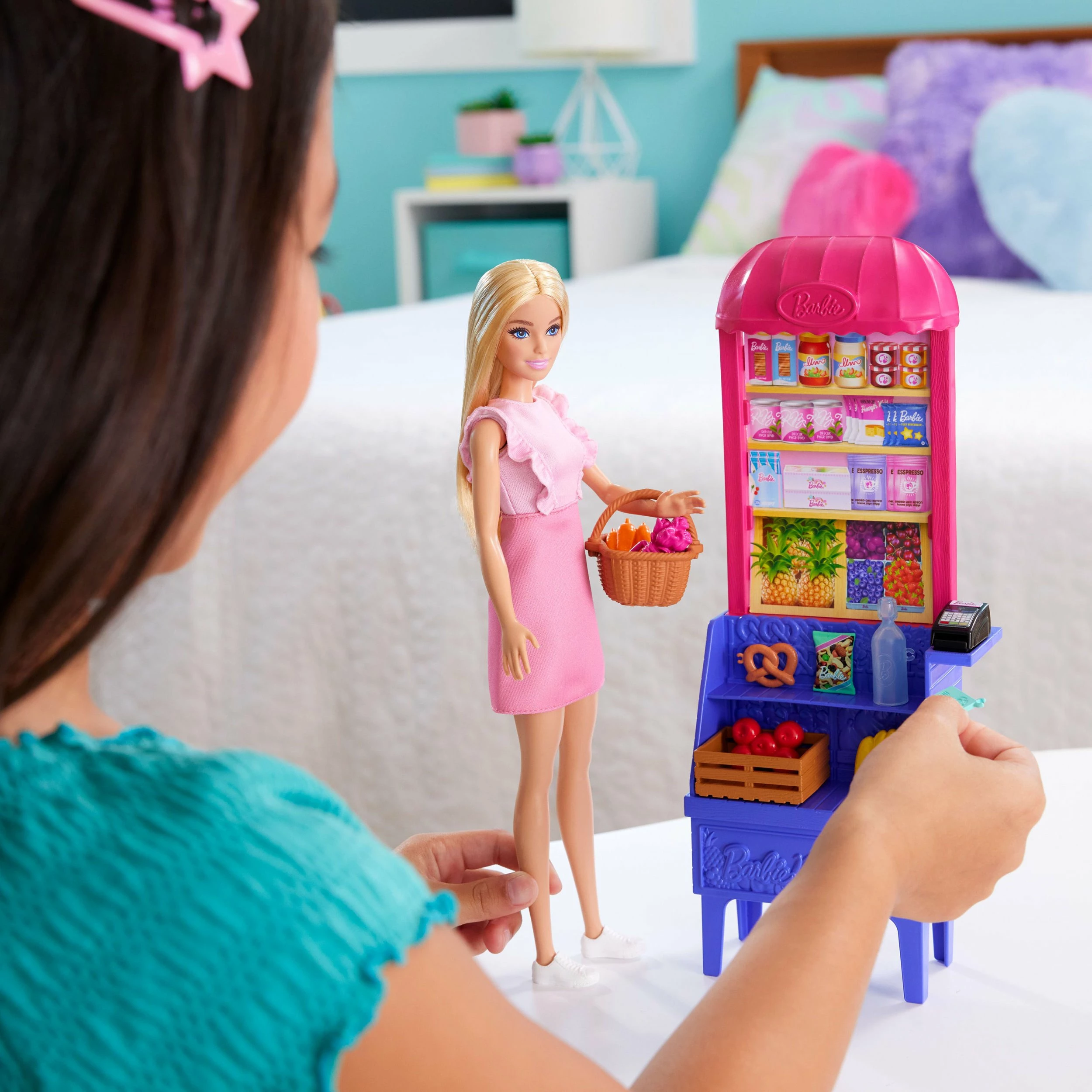 Set kukulle Barbie Mattel Barbie Malibu JCT05 me tezgë marketi dhe 11 aksesorë, rozë