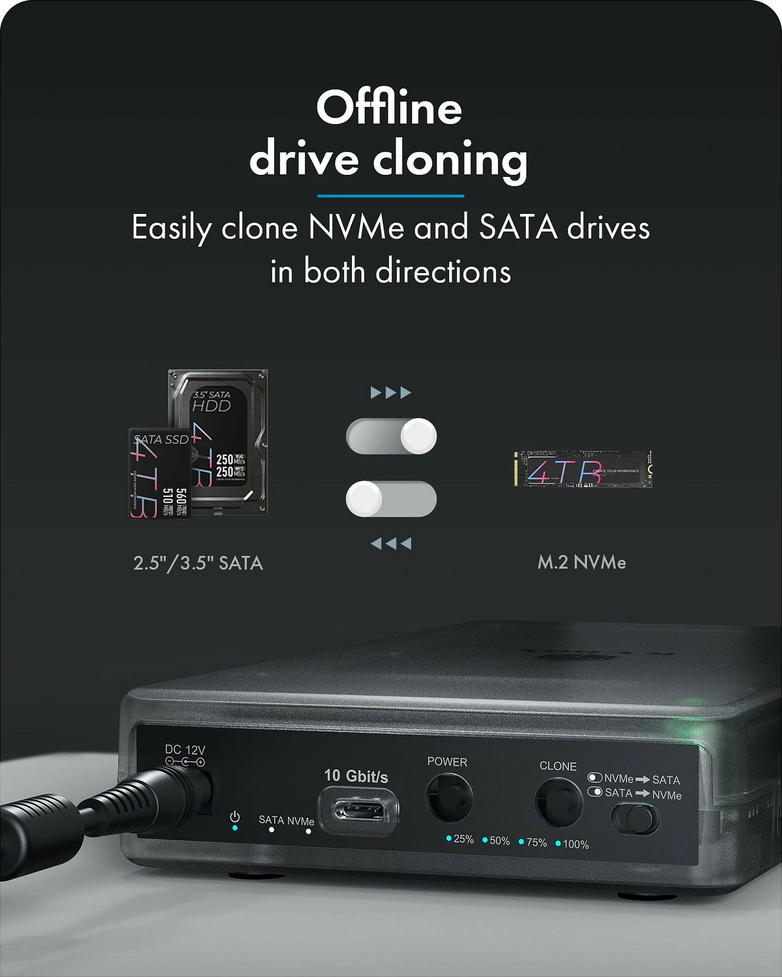 Docking/Klon stacion ICY BOX, për M.2 NVMe dhe 2.5/3.5" SATA SSD/HDD, i zi