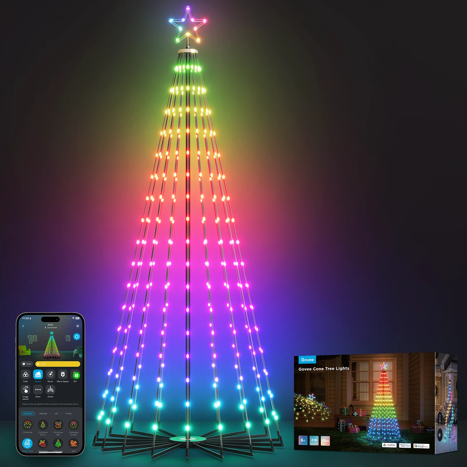 Drita dekorative smart Govee Cone Tree Lights RGBIC, IP65, 66 skena, me kontroll zanor, multicolor, set me 6 kunja