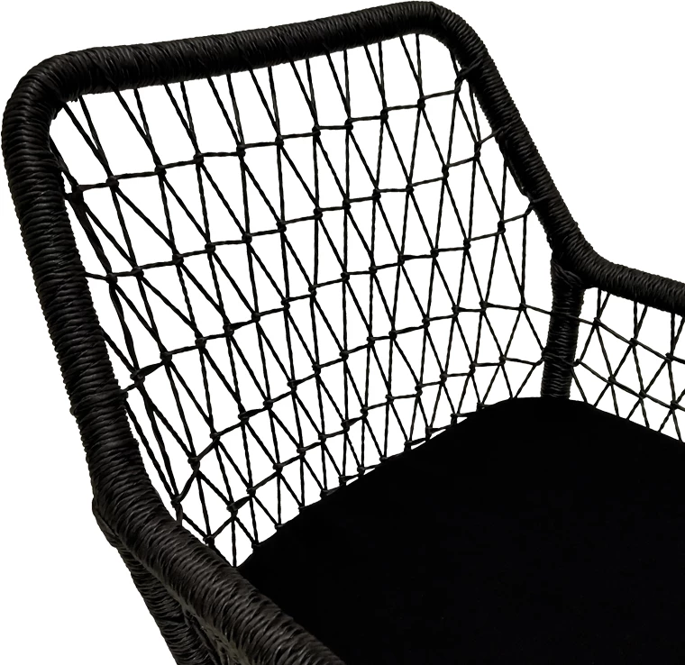 Karrige me krahë Elaiza dru teak dhe litar sintetik, ngjyrë natyrale-e zezë, me jastëk, 58x60x90cm