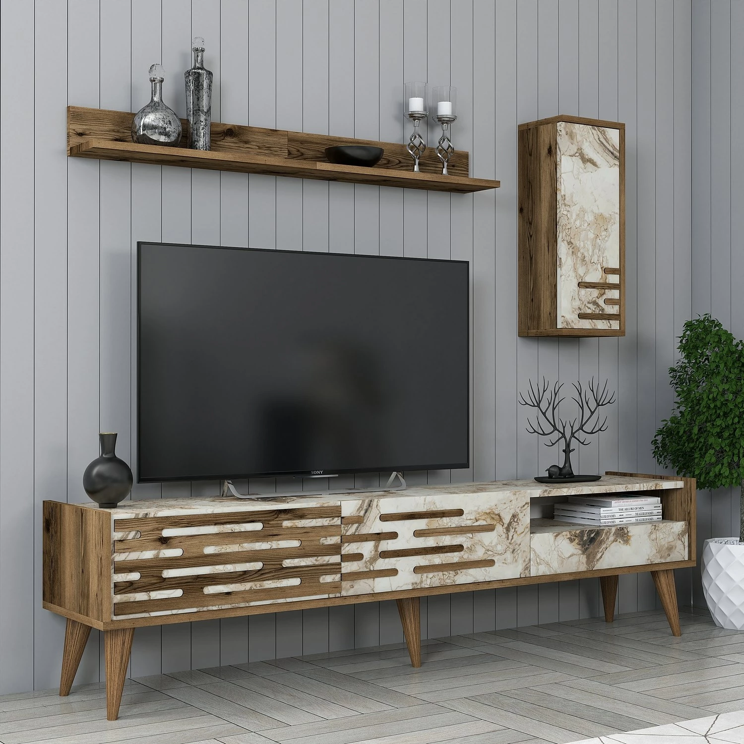 Njësi TV, ngjyrë arre, e bardhë, mermer, Valensiya, Skye Decor