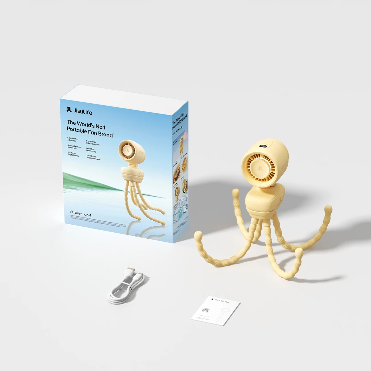 Ventilator mini për karrocë Jisulife Stroller Fan 4 5000mAh, USB-C, tripod fleksibël, dritë nate, i verdhë