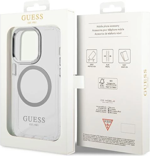 Mbështjellës Guess Metal Outline Magsafe për iPhone 14 Pro 6.1", argjendtë/transparente