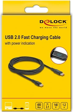 Kabllo karikimi DeLOCK USB-C në USB-C, PD 3.1 140W, 1.2m, me ekran, e zezë