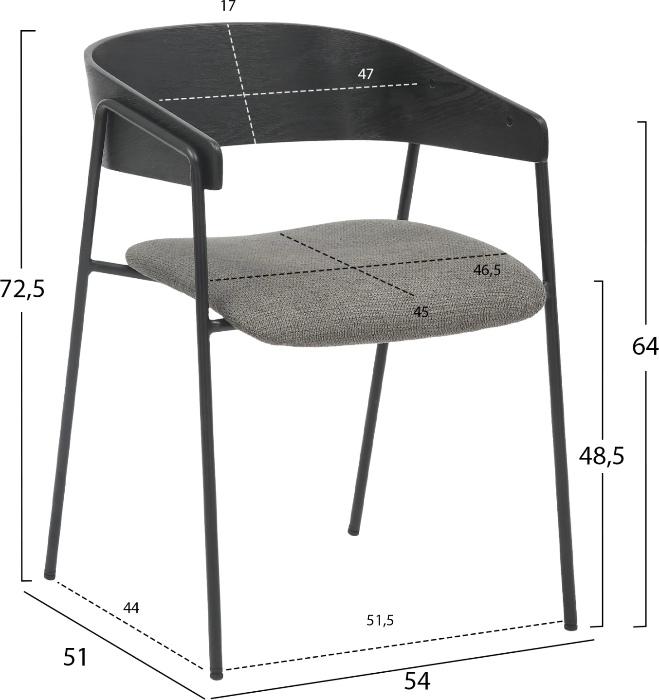 Karrige për tavolinë ngrënieje KORIN FH9975.02 metal & dru, pëlhurë e zezë-gri, 54x51x72,5H cm, set prej 2 copë
