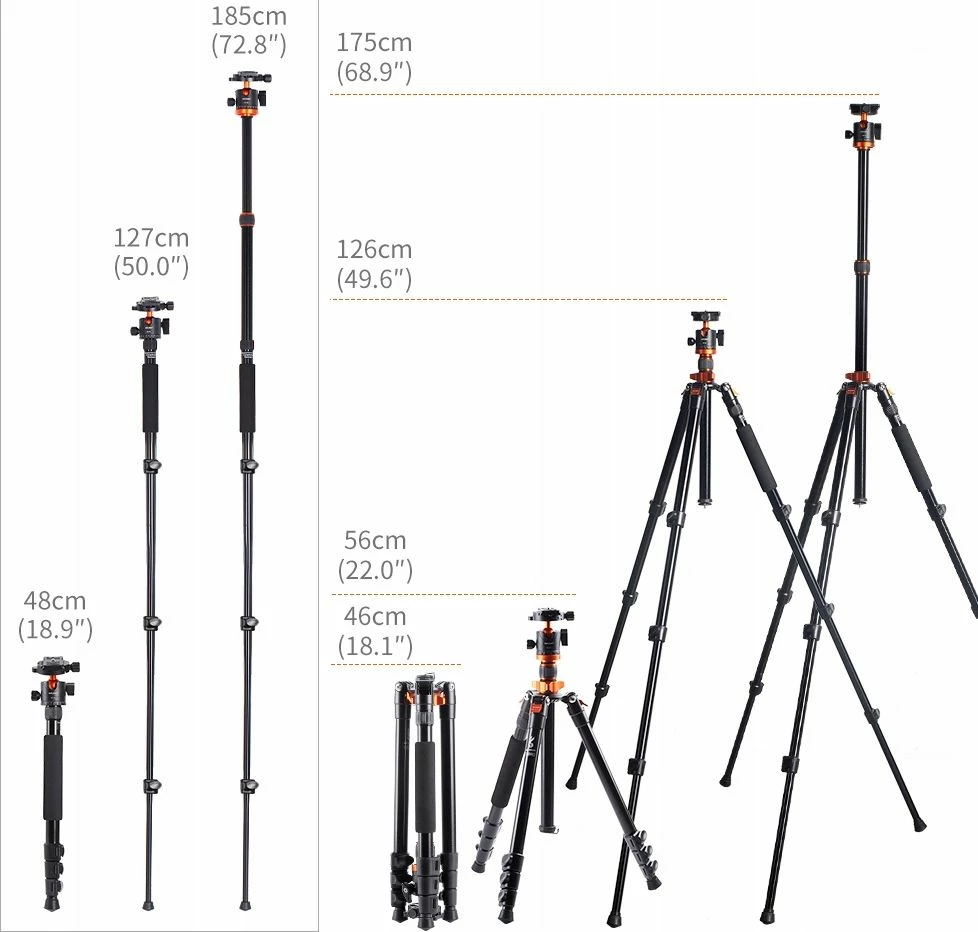 Tripod/monopod K&F Concept SB6234, 185 cm, 10 kg, kokë 360°, zezë/portokalli