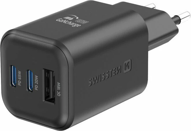 Karikues SWISSTEN, GaN 2x USB-C, 65W PD + 1x USB-A 18W, QC, i zi