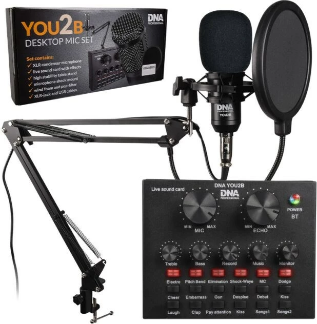 Set podcasti DNA PROFESSIONAL YOU2B me mikrofon, ndërfaqe audio, tripod, i zi