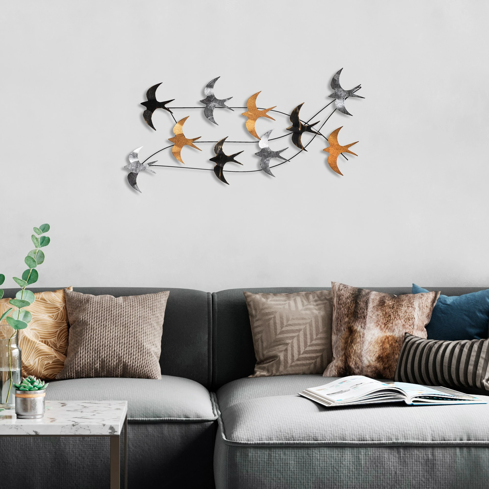 Aksesor dekorativ metalik për mur, Flock of Swallows 2, shumëngjyrësh, 45x104x8cm