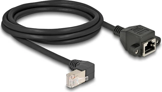 Kablë rrjeti DeLOCK Cat6A S/FTP, RJ45 90° mashkull në RJ45 femër panel, 2 m, e zezë