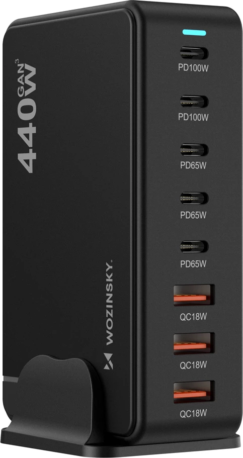 Stacion karikimi GaN Wozinsky WSL-440, 440W, PD/QC3, 5x USB-C + 3x USB-A, e zezë