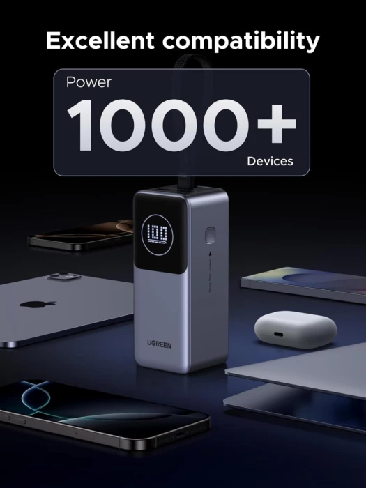 Powerbank UGREEN 55365B 20000mAh 130W me kabllo USB-C të integrume, Space Grey
