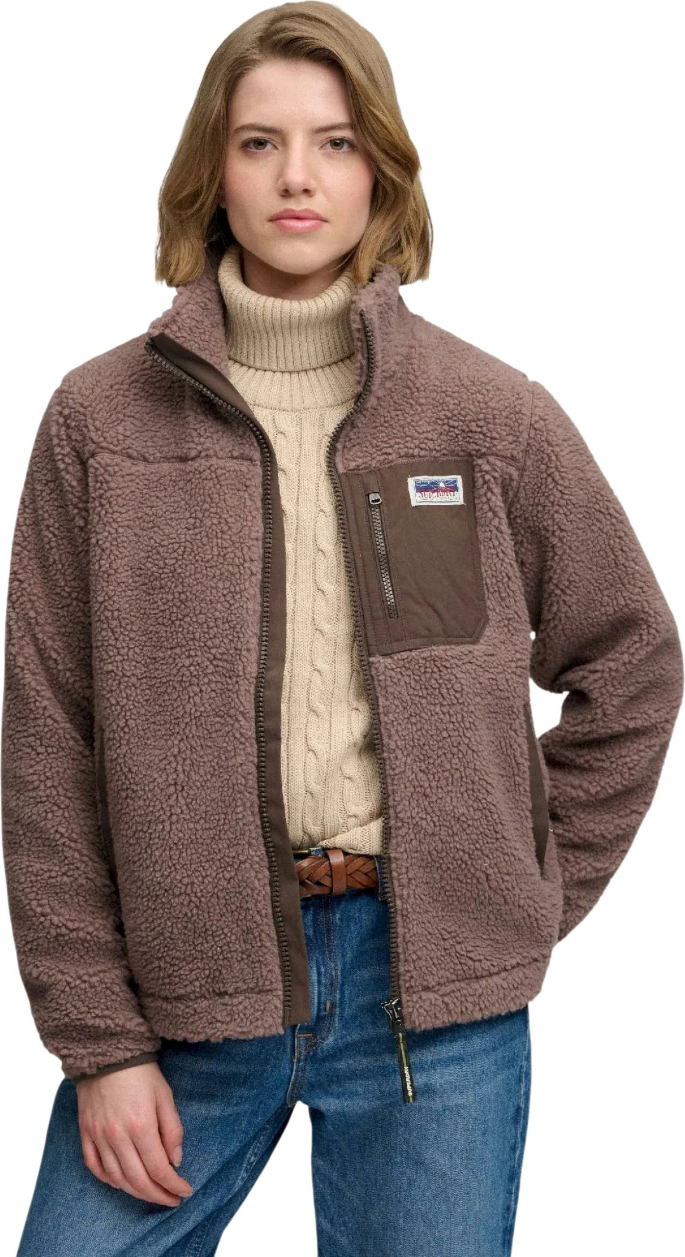 Duks fleece për femra Superdry Heritage Zip Through SDW2012736A, kafe