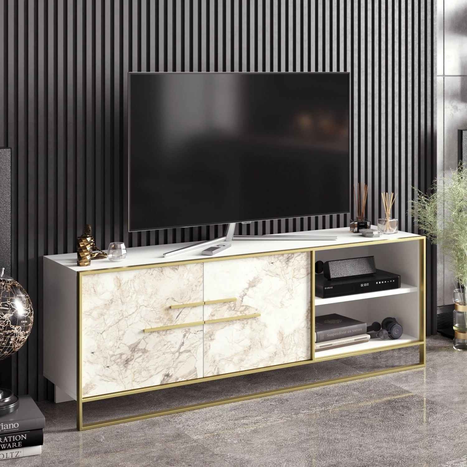 Komodë TV Hanah Home, Polka, e bardhë dhe ari