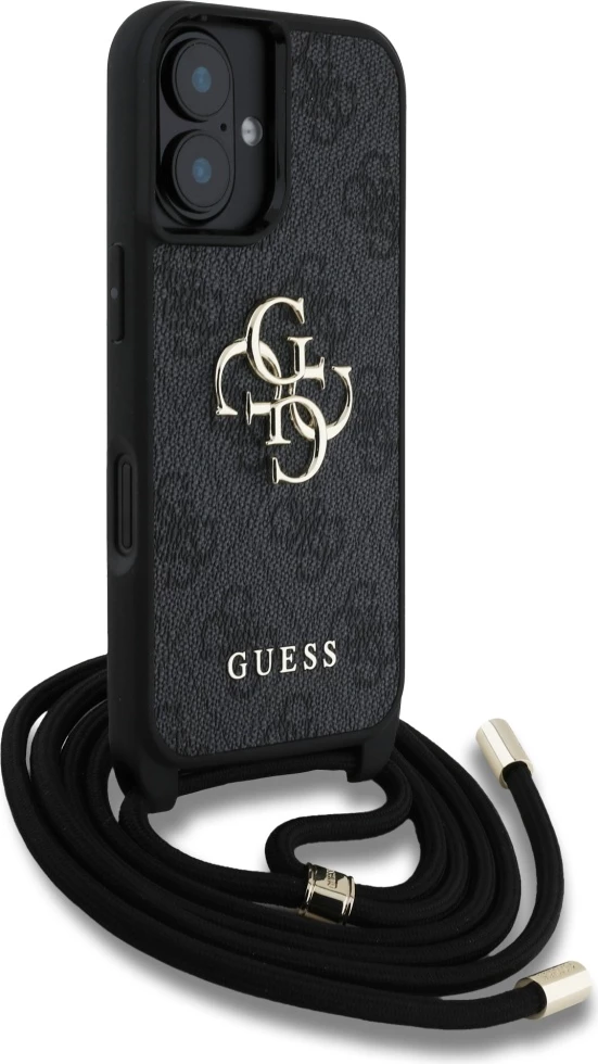 Mbështjellës Guess 4G Big Logo Cord Stap Crossbody për iPhone 16 Plus, i zi