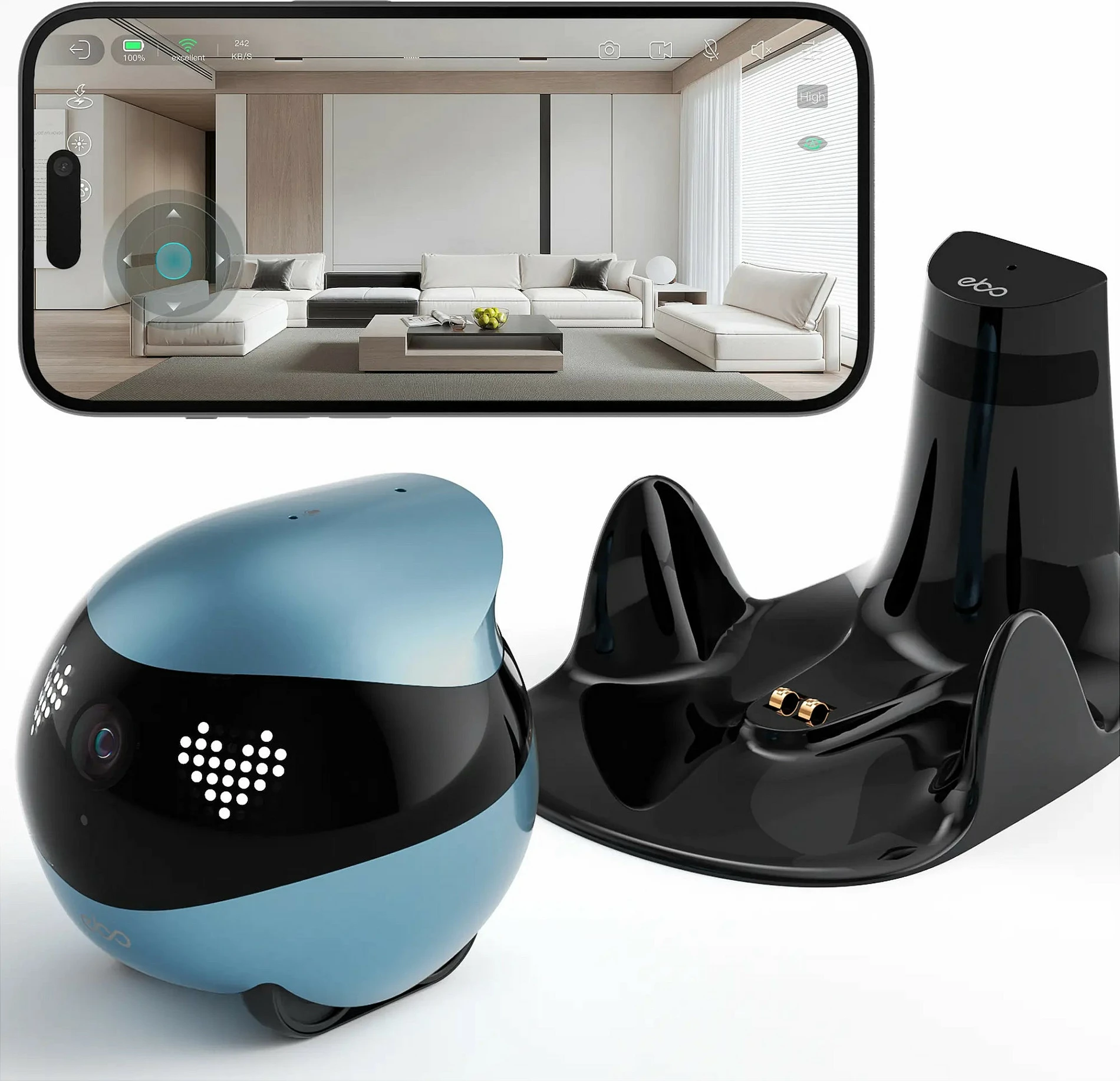 Robot për kafshë shtëpiake Enabot EBO Air 2, kamerë 2K, night vision, Wi‑Fi 5GHz, bateri 2450 mAh, blu/zi