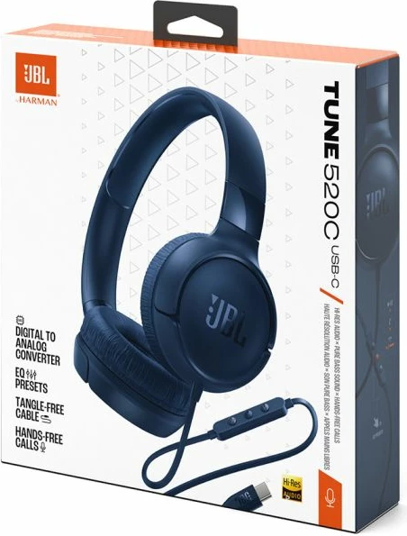 Kufje me kabllo JBL Tune 520 USB-C, Hi-Res, Pure Bass, mikrofon, on-ear, të palosshme, 120 cm, blu