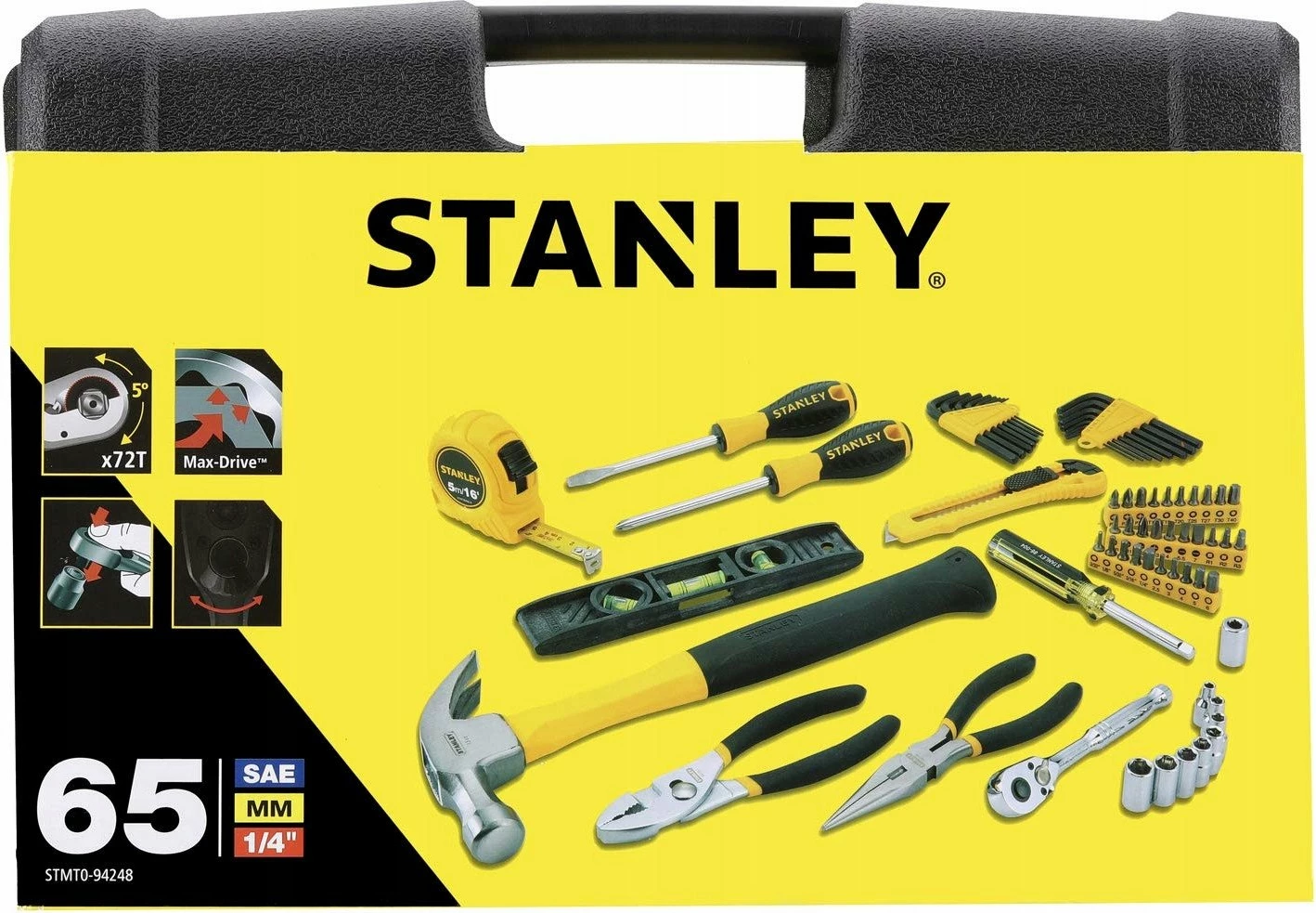 Set veglash Stanley STMT0-94248, me valixhe plastike, e verdhë, 65 copë