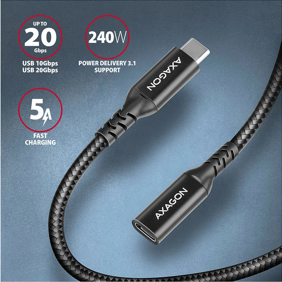 Kabllo zgjatëse USB-C Axagon BUCM32-CF10AB, USB-C në USB-C 3.2 Gen 2, 1 m, 20 Gbps, alumini, e zezë