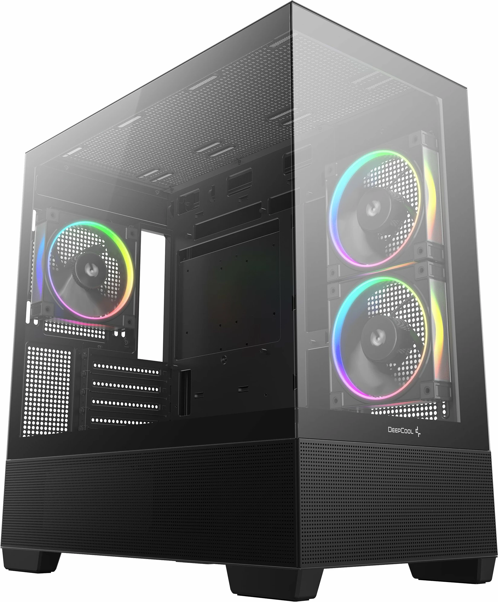 Kasë Deepcool CG380 3F Micro-ATX/ITX, xham i temperuar panoramik, 3x 120mm PWM ARGB, USB-C, pa PSU, e zezë