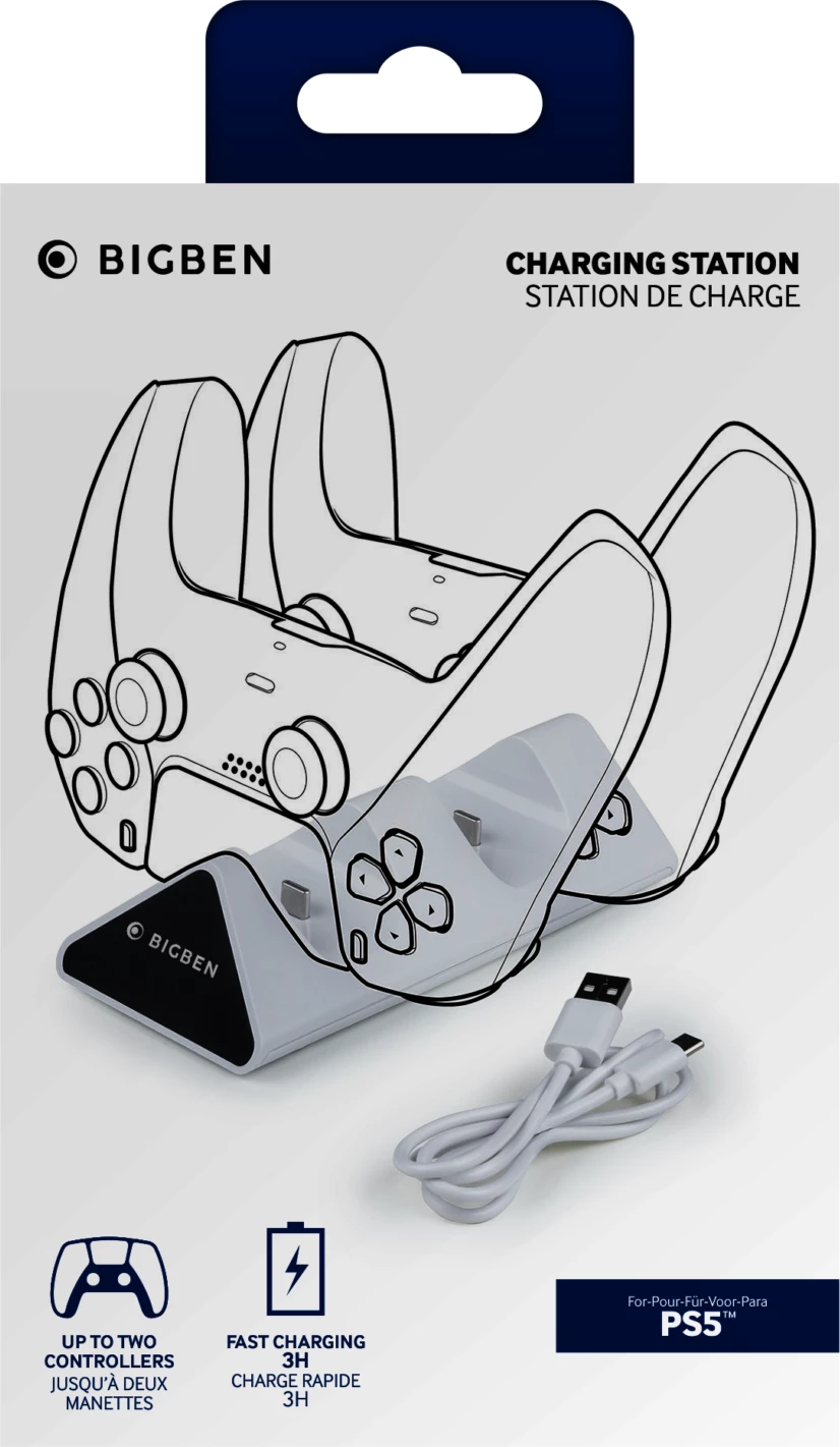 Stacion karikimi për kontrollera PS5 Bigben Dual Charging Station V2, karikim i dyfishtë, USB-C, karikim i shpejtë 3 orë, bardhë/zi