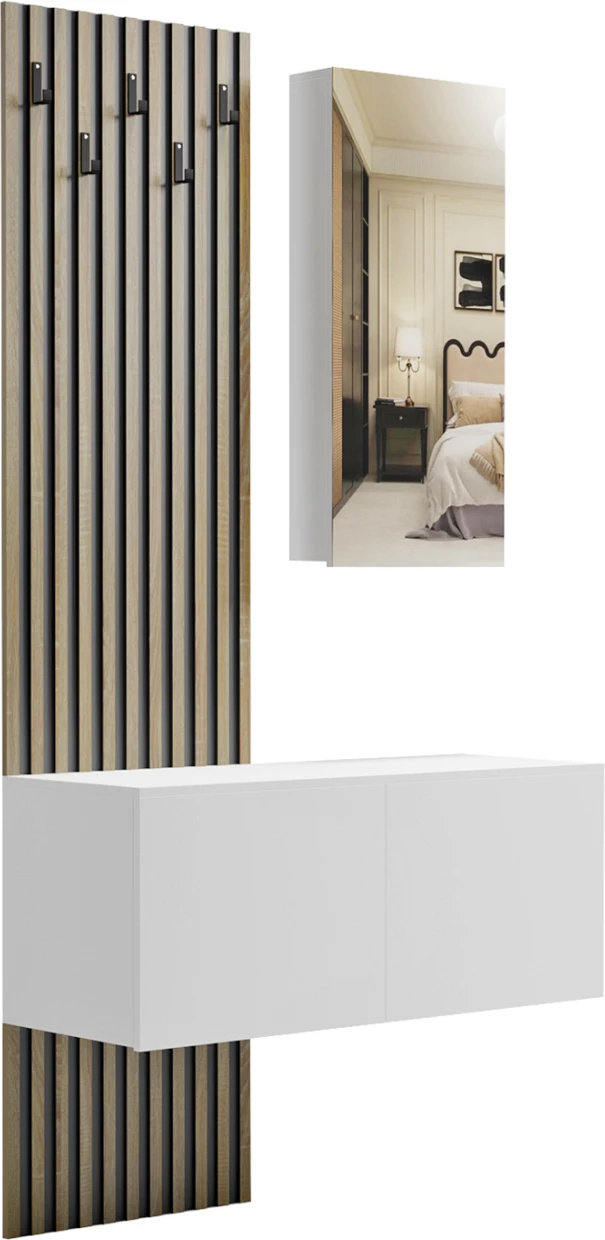 Set mobiljesh për hyrje me pasqyrë, MYLES FH18080.01, melaminë, ngjyrë Sonama-bardhë, 100x37.1x199.5H cm