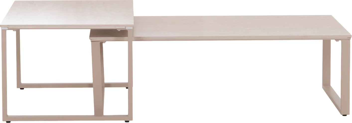 Set tavolina kafeje 2 copë, metal bezhë, sipërfaqe gur sinterizuar, model travertin, 120x70x45H