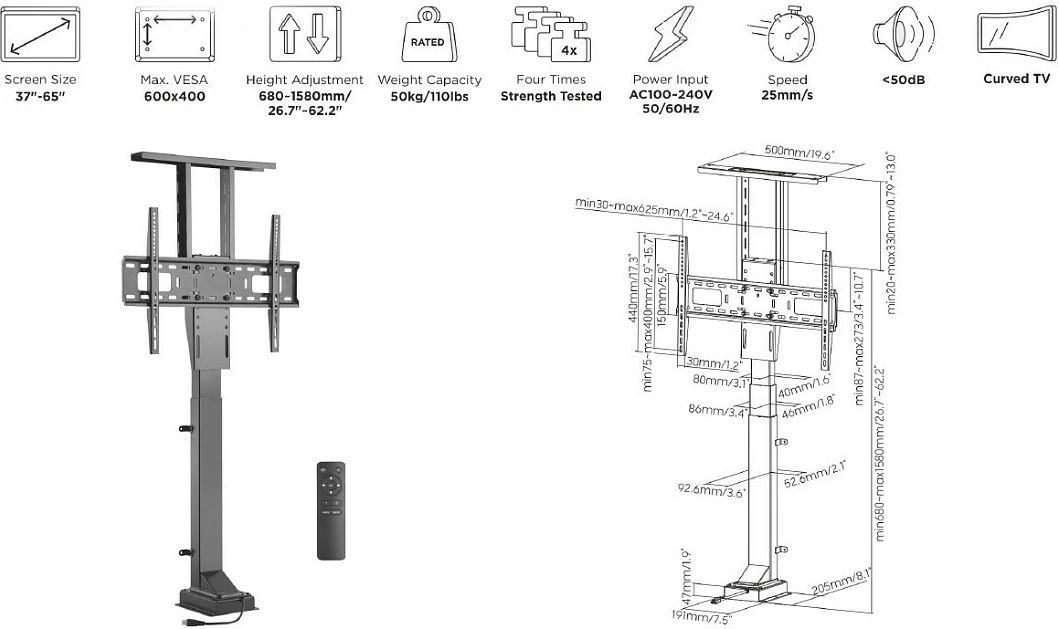 Mbajtës televizori me lift elektrik EQUIP 650606, 37-65", VESA 200x200-600x400, 50 kg, me telekomandë, i zi