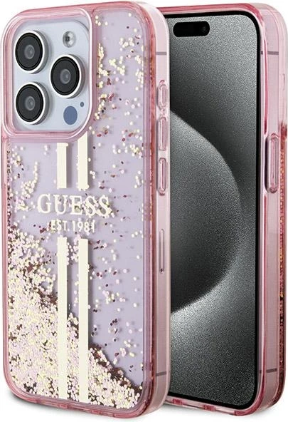 Mbështjellës Guess Liquid Glitter Gold Stripes për iPhone 15 Pro, Rozë