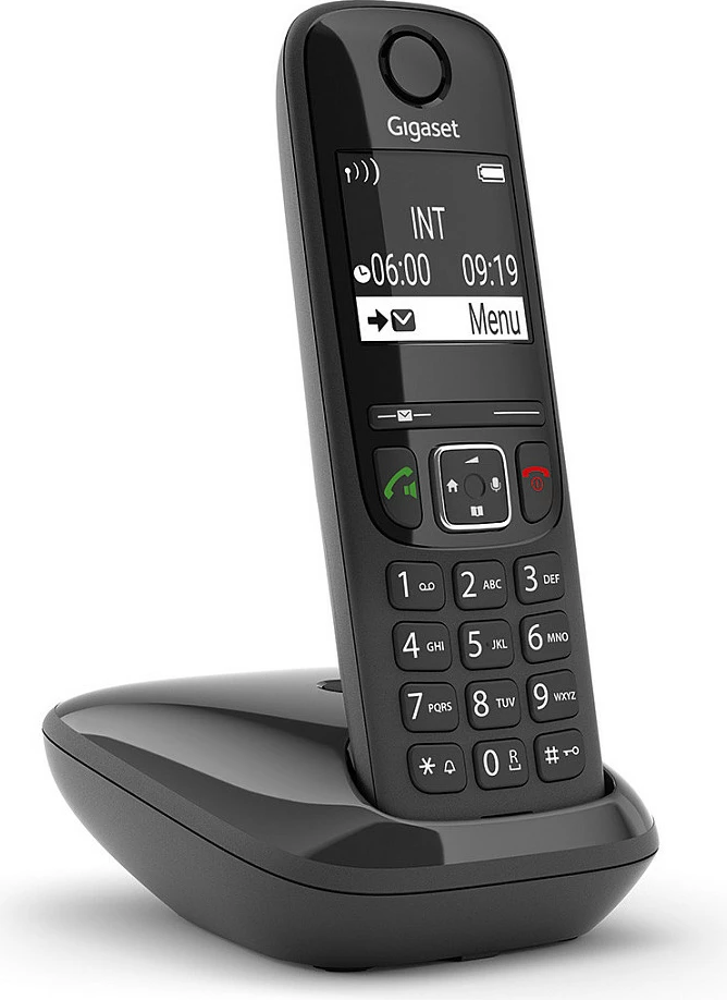 Telefon pa tela Gigaset AS690, DECT, speakerphone, libër telefoni 100 kontakte, Caller ID, i zi