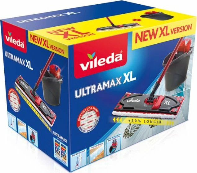 Mop i sheshtë me kovë Vileda Ultramax XL Box 160932, 42 cm, mikrofibër, kovë 10 L, me shtrydhës, e kuqe, set 3 pjesë