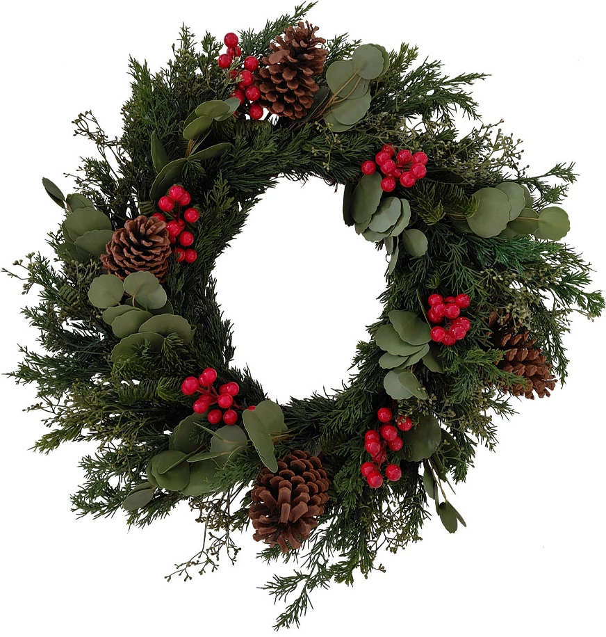 Kurorë Krishtlindjesh me manaferra të kuqe dhe mistletoe, 75x75cm, jeshile-kuqe