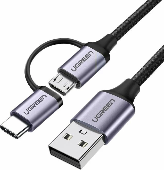 Kabllo UGREEN USB-A në Micro USB + USB-C MPN 30875 1m 2.4A 2-në-1 e gërshetuar, e zezë