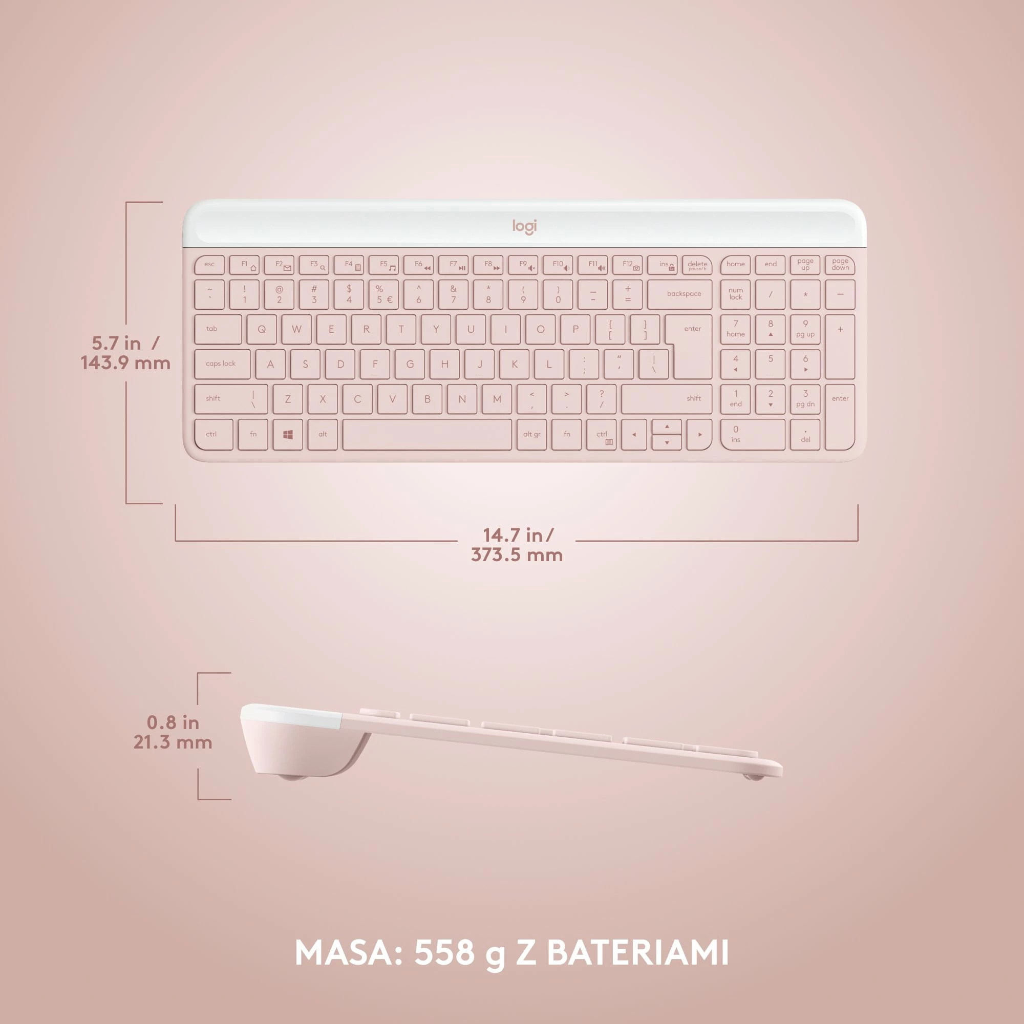Tastierë + Maus Logitech MK470 Slim Wireless Combo 920-011322, US layout, 2.4GHz me USB receiver, me numpad, roze, set