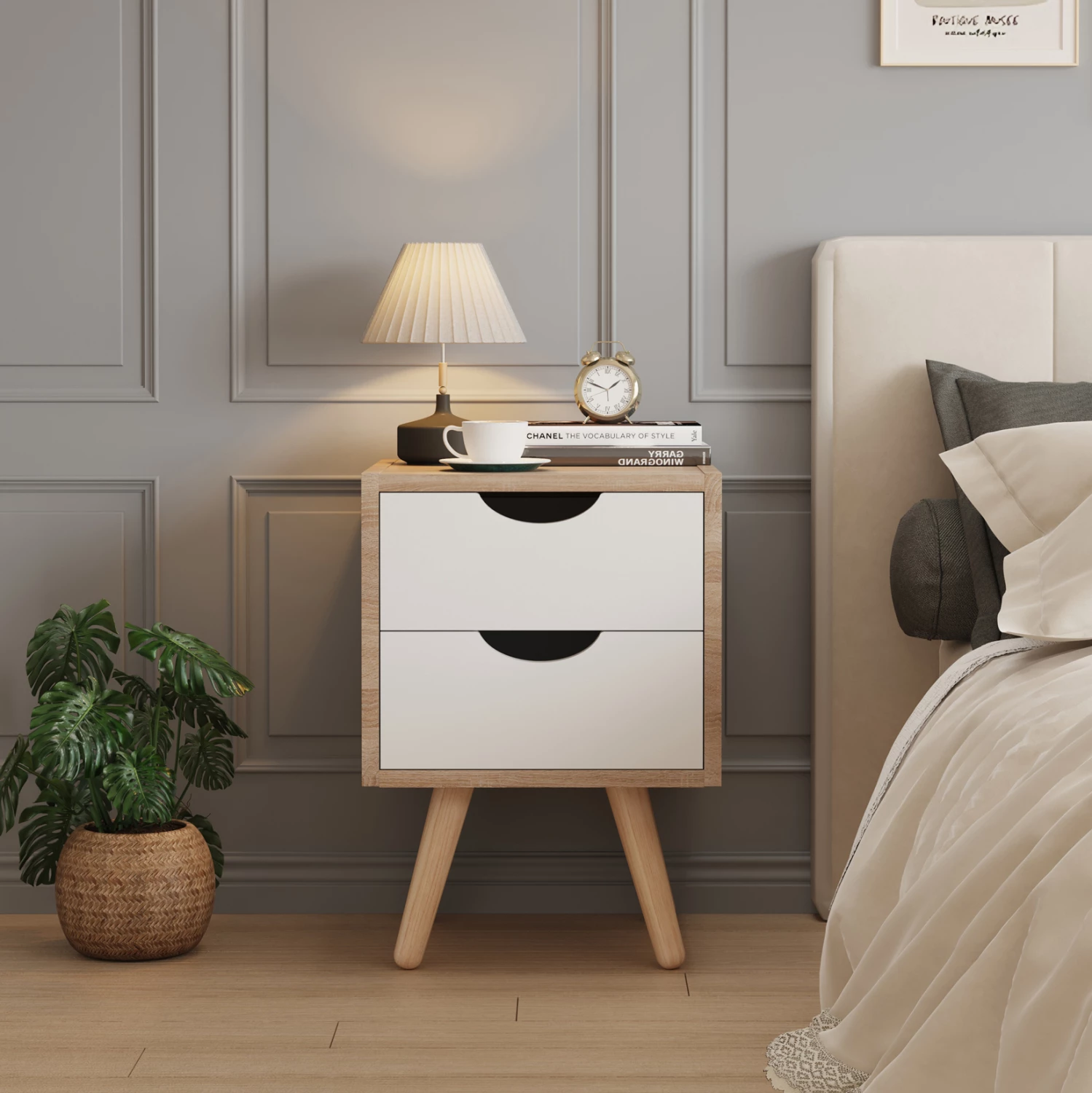 Komodinë nate DINKL FH2472.04 melaminë-2 sirtarë, ngjyrë sonama-bardhë, 29,7x29,7x45H cm