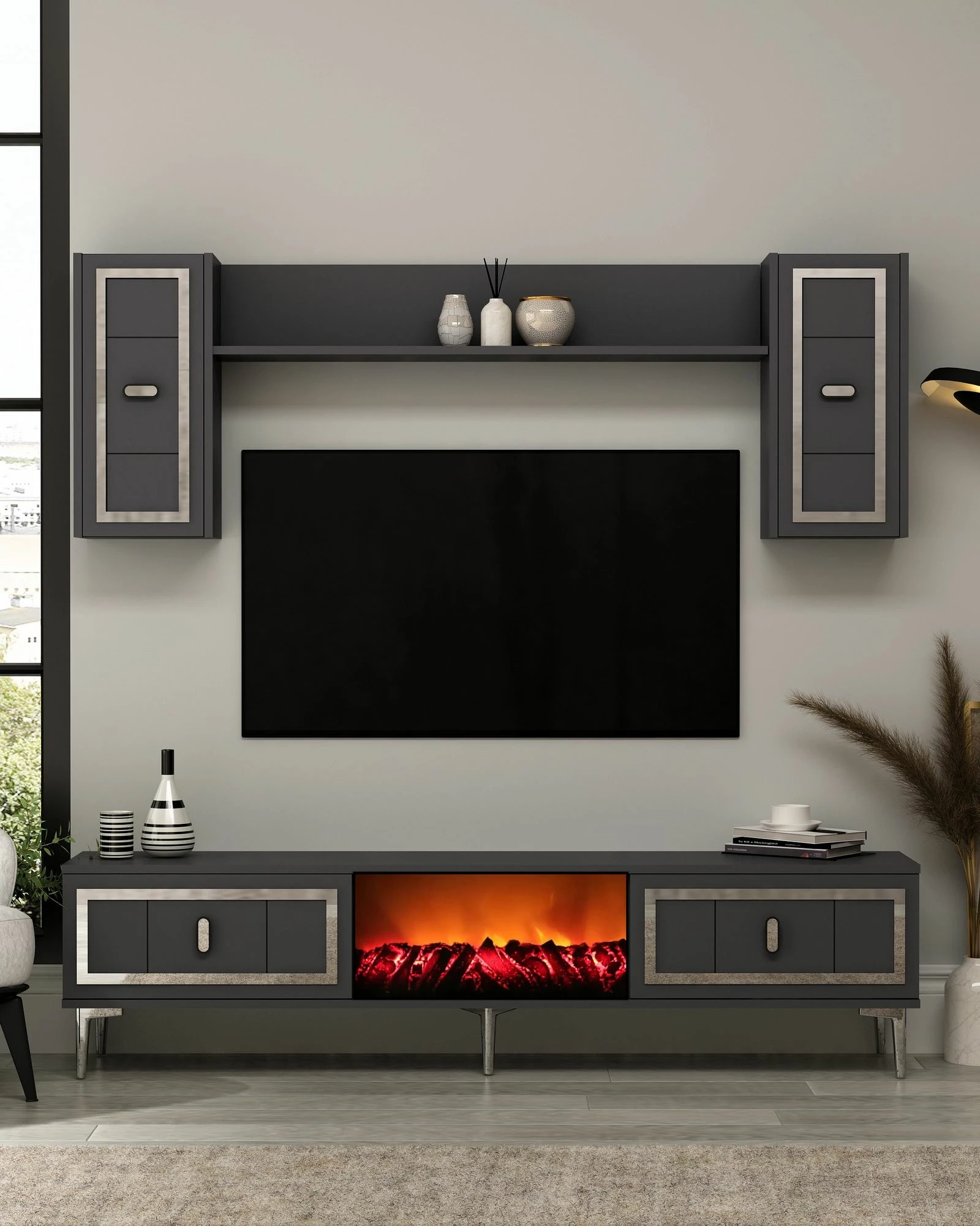 Komodë TV Skye Decor, me oxhak Orion, anthracite dhe argjend