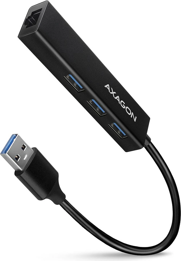 Kasë AXAGON HMA-GL3A multiport USB hub 4n1, 5Gbps, 3x USB-A + GLAN, metal, kabllo USB-A 20cm, e zezë