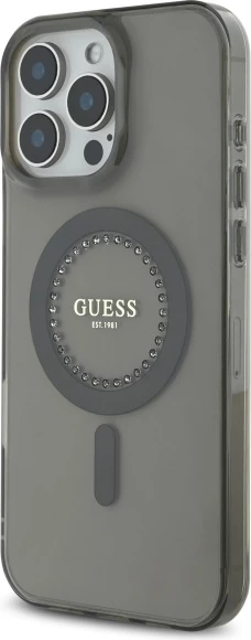 Mbështjellës Guess IML Rhinestones MagSafe për iPhone 16 Pro, Zi