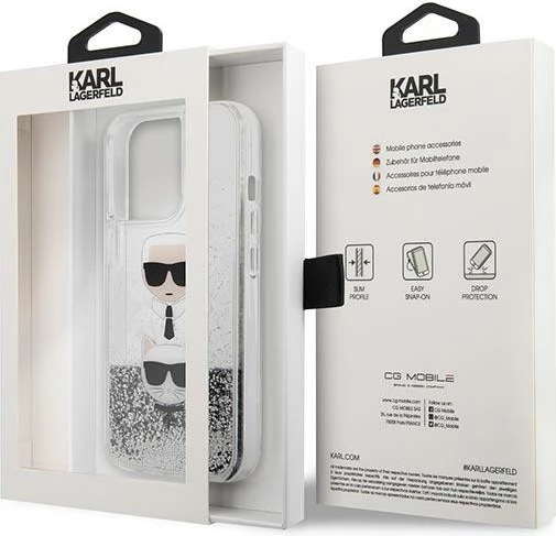 Mbështjellës Karl Lagerfeld KLHCP13XKICGLS për iPhone 13 Pro Max 6.7", hardcase, argjendtë, Liquid Glitter Karl & Choupette Head