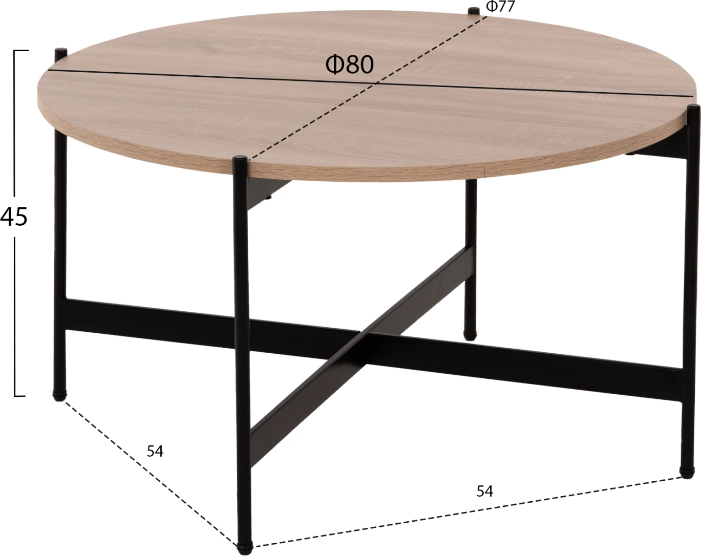 Tavolinë kafeje FH9588.03, sipërfaqe MDF, ngjyrë sonoma, bazë metalike e zezë, Φ80x45H cm
