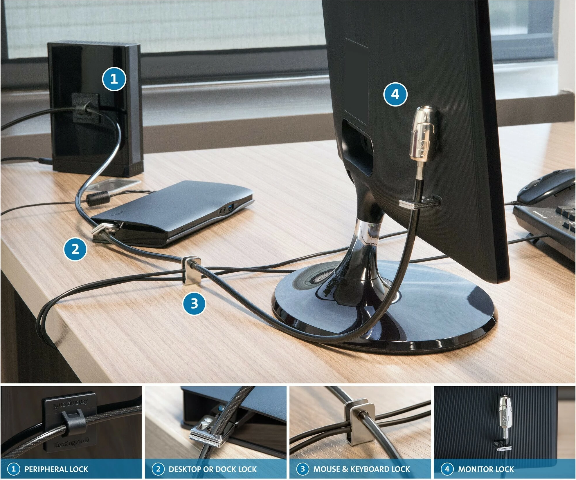 Set sigurie Kensington Desktop & Peripherals Locking Kit 2.0, 2.44m, çelës, karbon çelik, zi/argjend