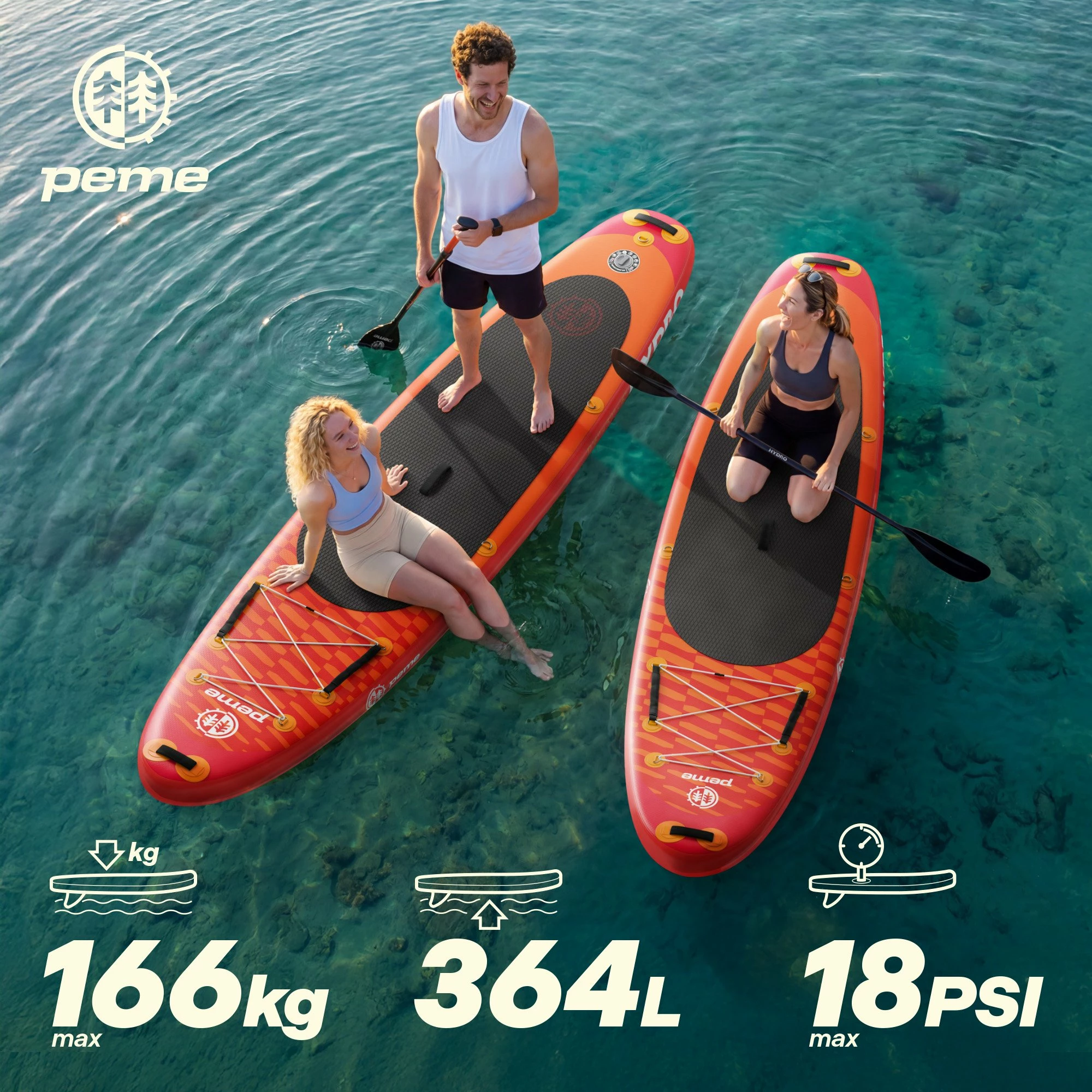 Dërrasë SUP inflatuese Peme Hydro 350 350x81x15 cm, deri 166 kg, 18 PSI, portokalli/kuqe (Sunset Orange), set me lopatë 2-në-1 + pompë + çantë shpine