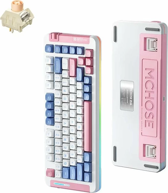 Tastierë mekanike MCHOSE MC-X75 Icy Creamsicle (MC-X75-5) 75% RGB, hot-swap, USB/BT/2.4G, bateri 4000 mAh, US layout, blu/rozë