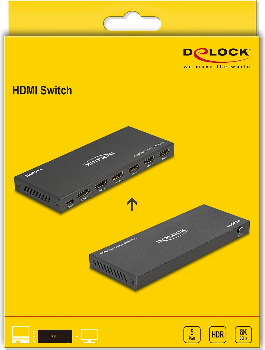 Switch HDMI DeLOCK 5x HDMI hyrje 1x HDMI dalje, 8K 60Hz, HDMI 2.1, 48 Gbit/s, USB-C, metal, zi