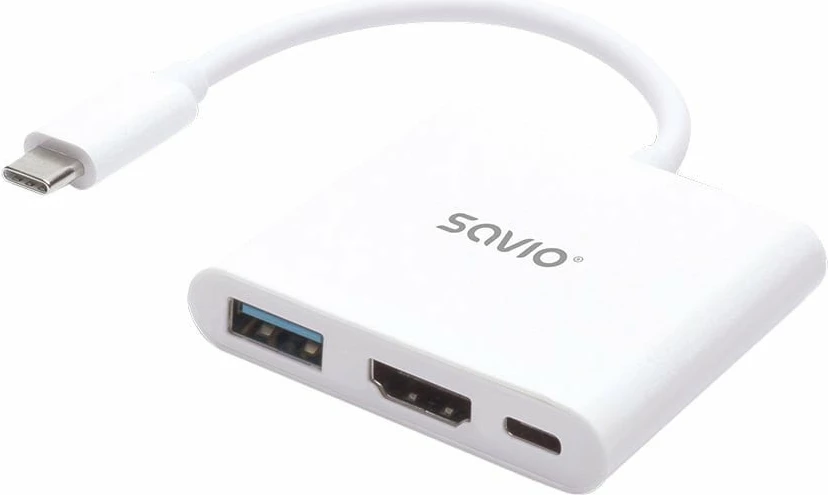 Docking stacion USB-C Savio AK-48 3-në-1, HDMI + USB-A 3.0 + USB-C PD, 5Gbps, i bardhë