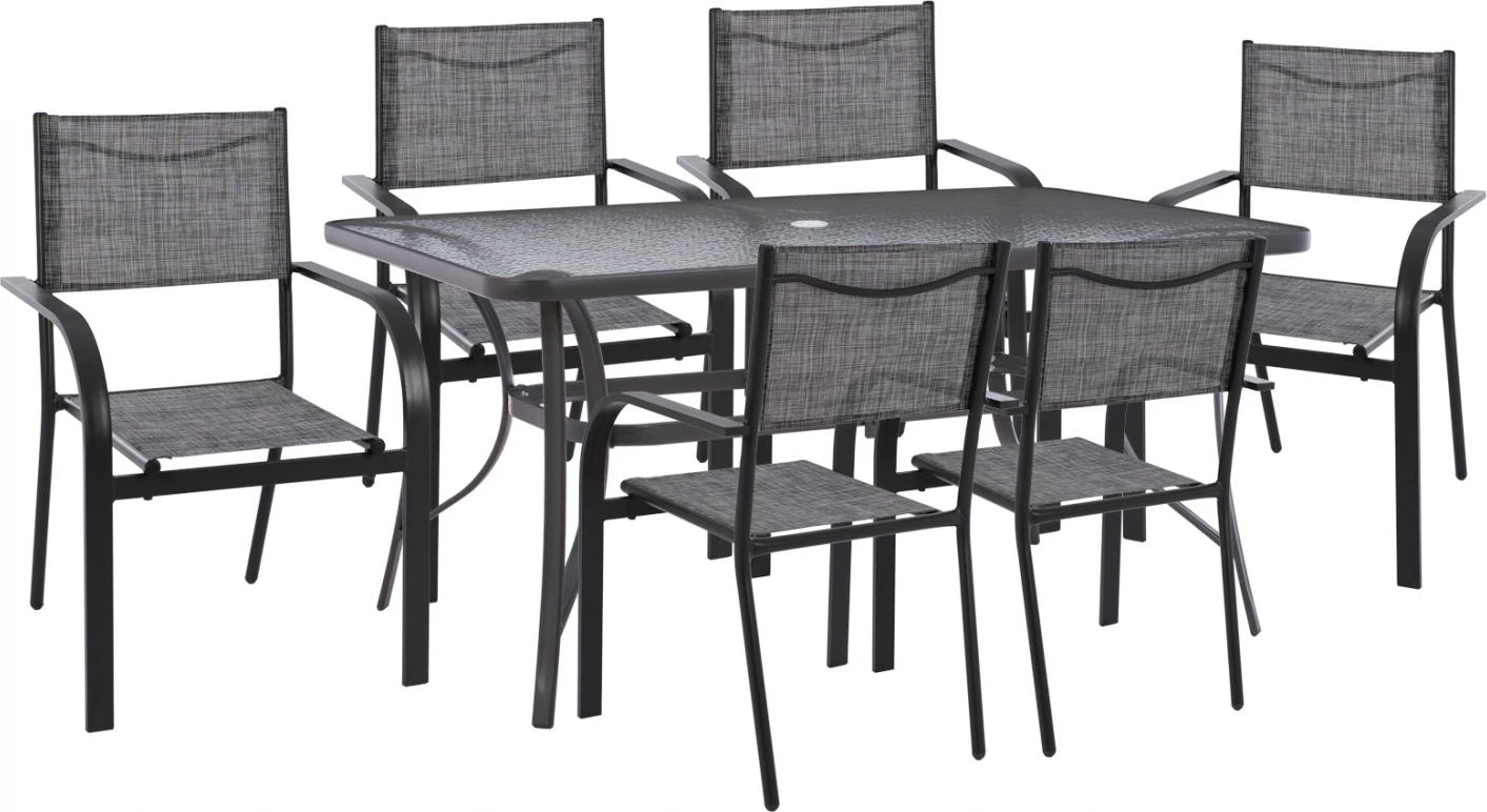 Set për darkë 7 pjesë tavolinë gri 150x90 dhe karrige me krahë textilene gri FH11532.01