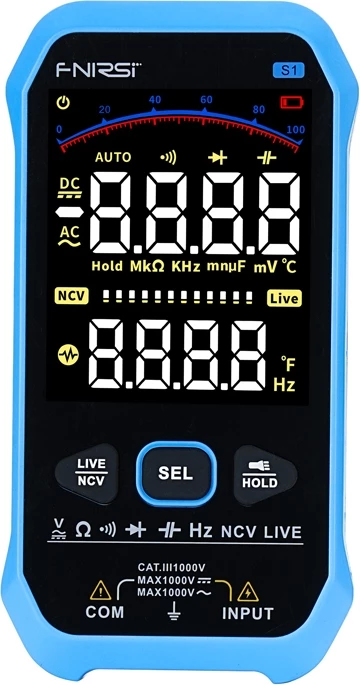Multimetër digjital FNIRSI S1, True RMS, ekran VA me ngjyra, auto-range, NCV, USB-C, bateri 1000 mAh, CAT III 1000V, zi/kaltër